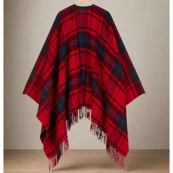 Maje Poncho Plaid Wool blend Wrap Womens Large Red Fringed One Size CoverUp Fall - Picture 1 of 5